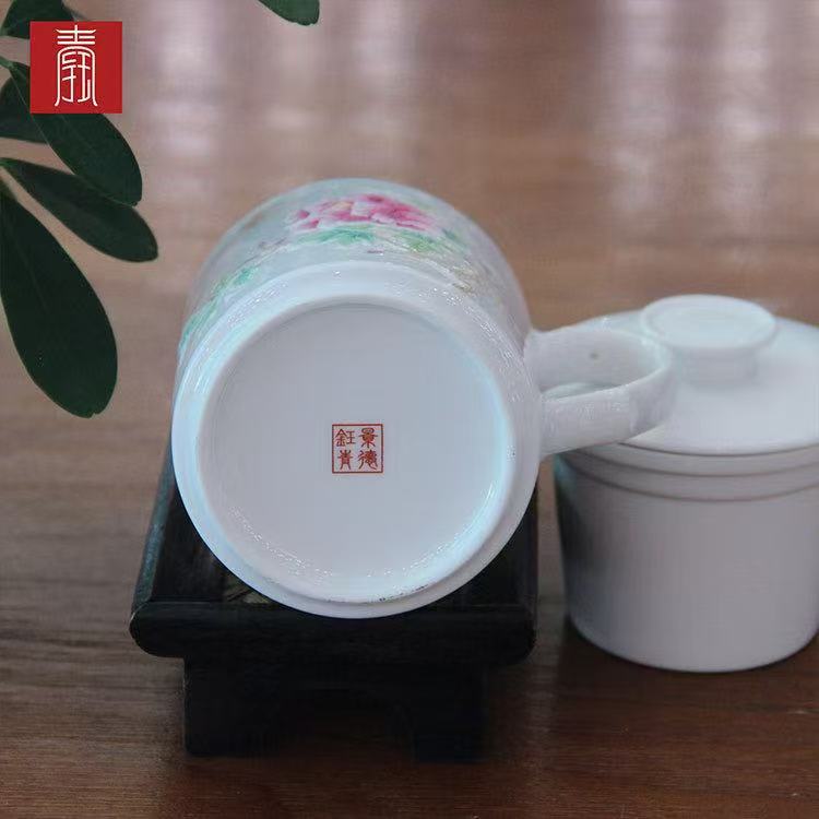 景德钰青 ·私人定制对杯【堆雕牡丹荷花办公杯】