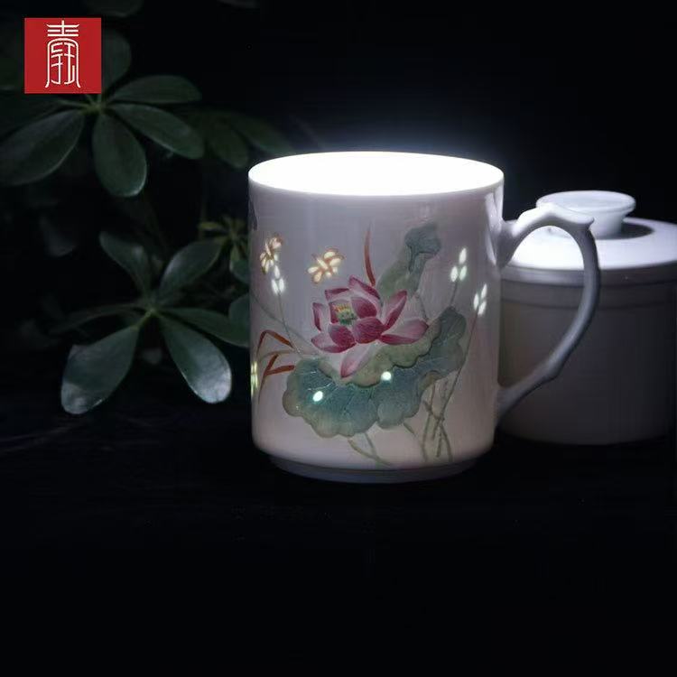 景德钰青 ·私人定制对杯【堆雕牡丹荷花办公杯】