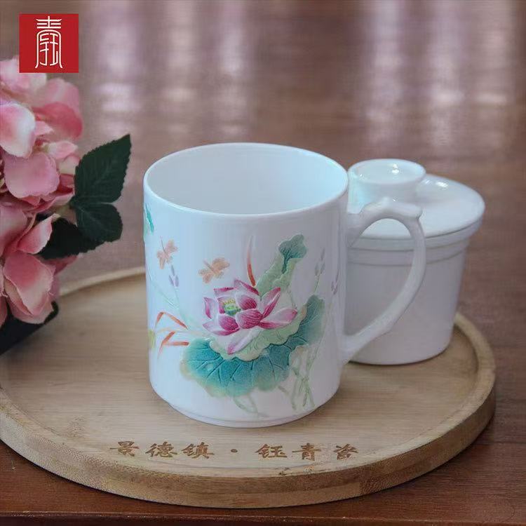 景德钰青 ·私人定制对杯【堆雕牡丹荷花办公杯】