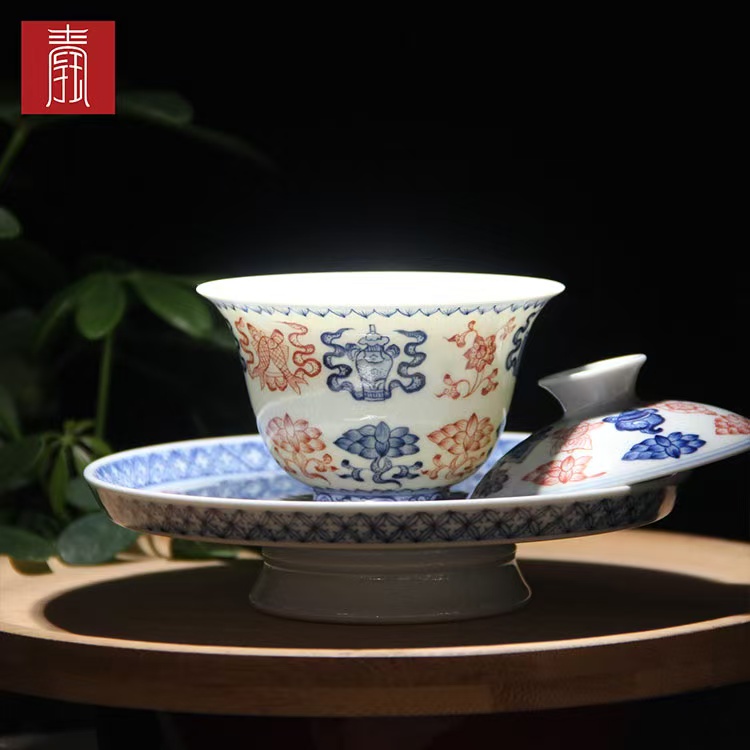 景德钰青•高品【宝相纹青花釉里红 】