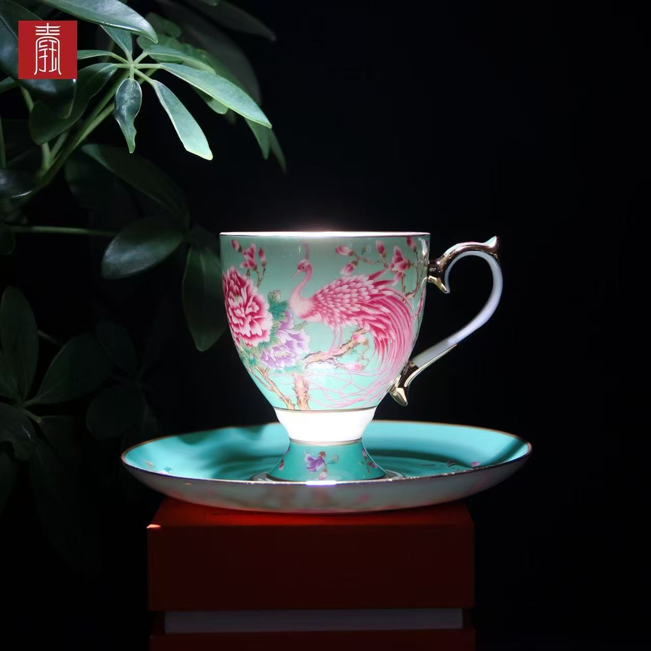 景德钰青 •【雀翎映丹盏·春日青】高脚咖啡杯