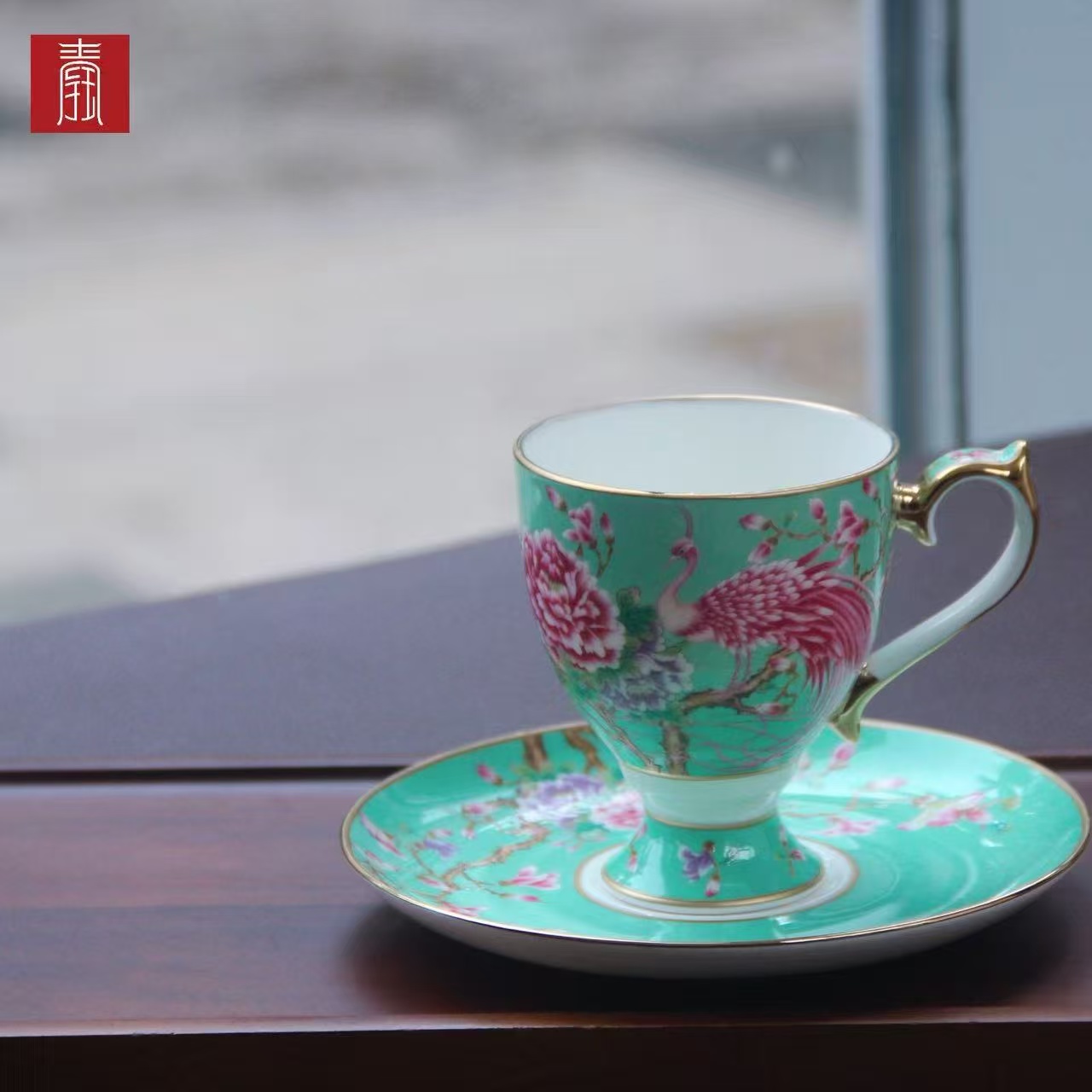 景德钰青 •【雀翎映丹盏·春日青】高脚咖啡杯
