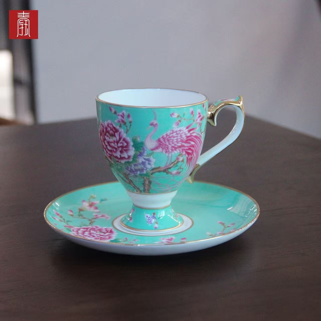 景德钰青 •【雀翎映丹盏·春日青】高脚咖啡杯